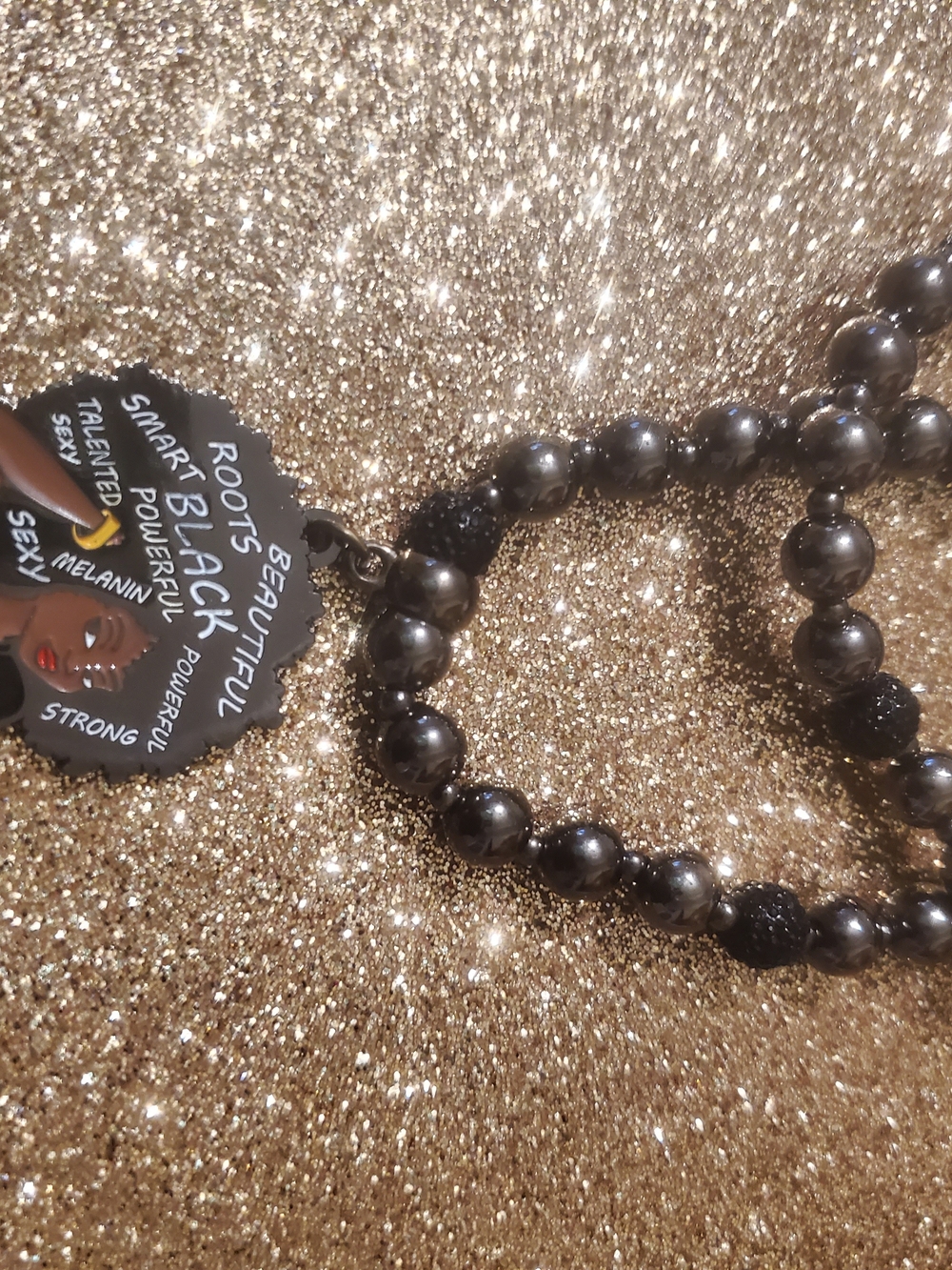 Black Beaded Stretch Bracelet with Inspirational Tag